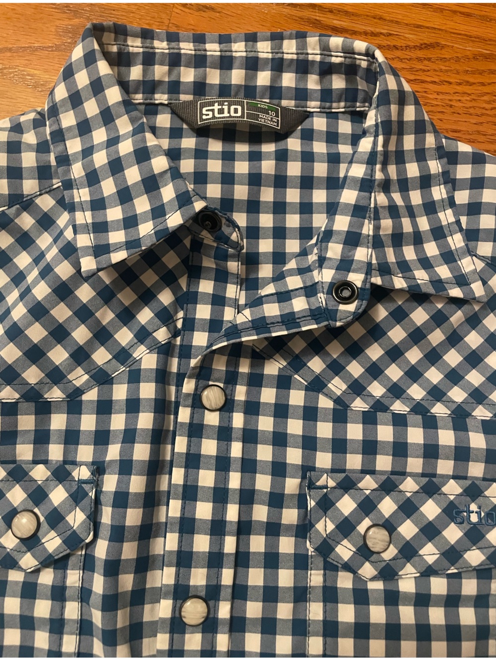 Stio Kid’s Blue and White Gingham Snap-Front Button-Down Shirt